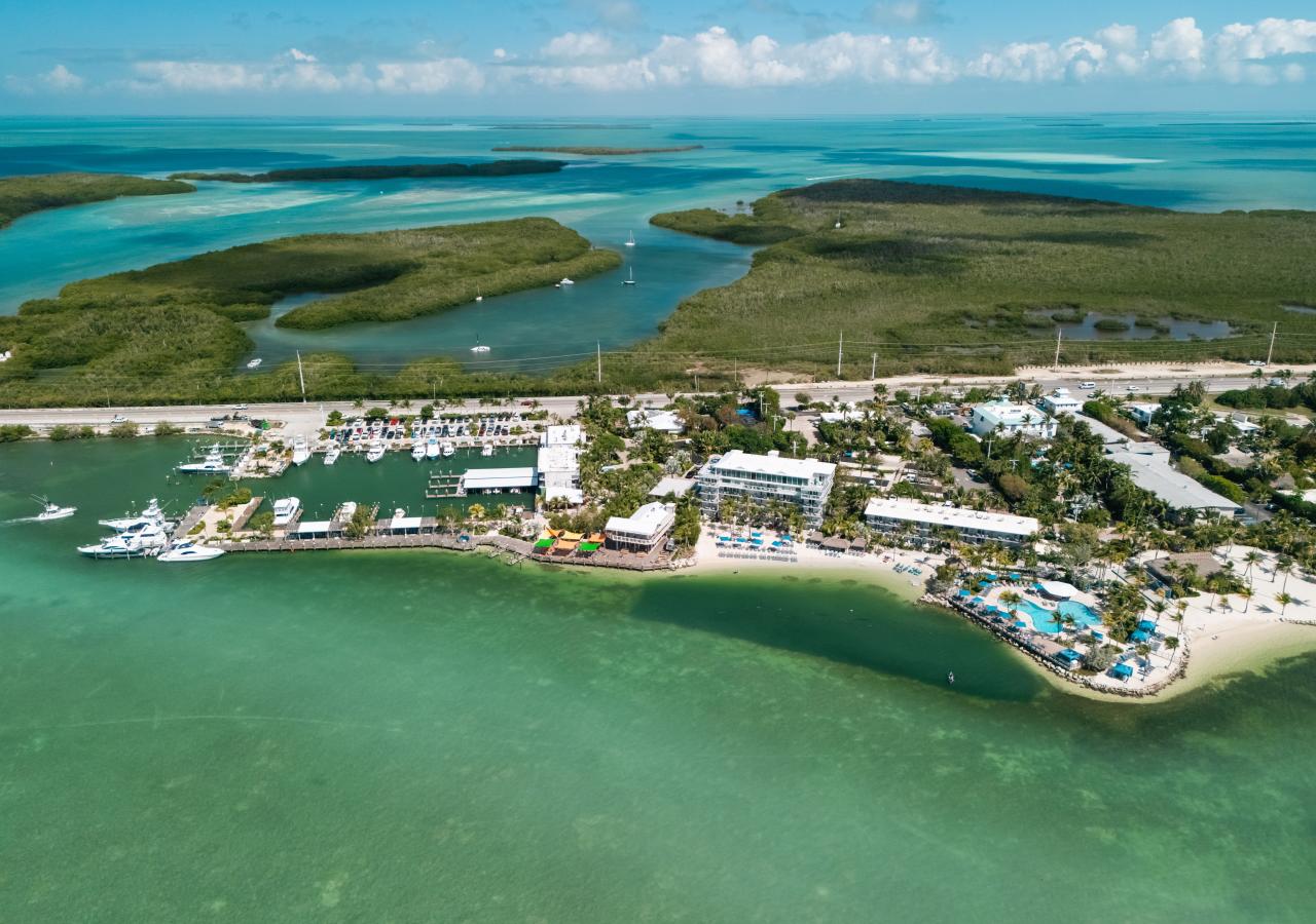 An aerial view of Three Waters Resort & Marina in Islamorada, Florida.