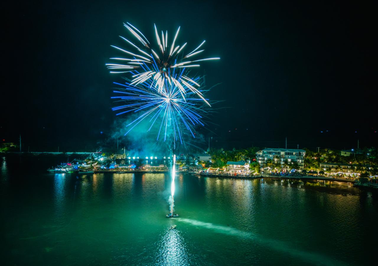A firework show in front of Three Waters Resort & Marina in the Florida Keys.