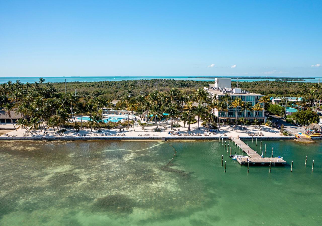 An aerial view of Amara Cay Resort from the ocean in the Florida Keys.