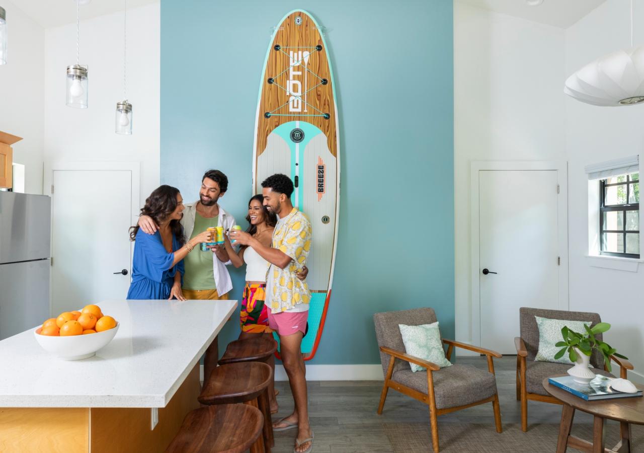 A group of friends inside the BOTE house at La Siesta in the Florida Keys.