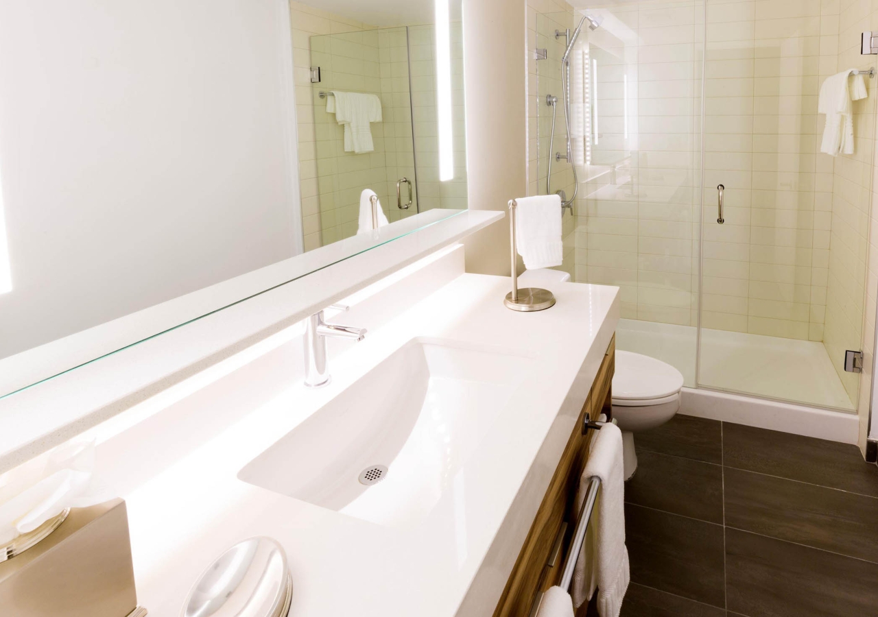 bathroom with walk-in shower and long vanity