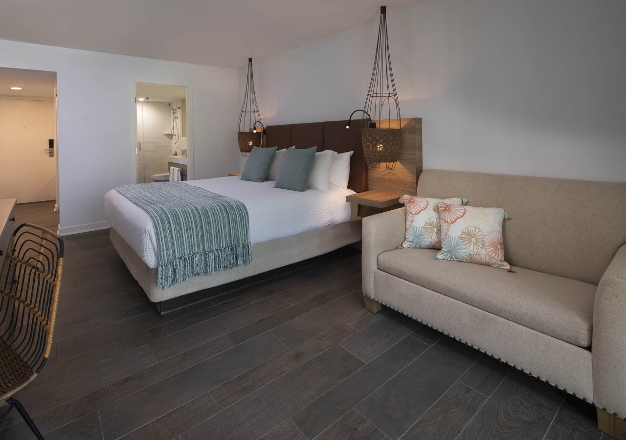 bedroom with king bed and sofa