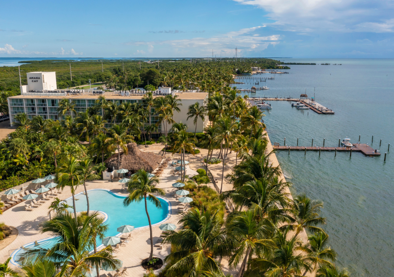 Aerial image of Amara Cay Resort showing the resort and the water