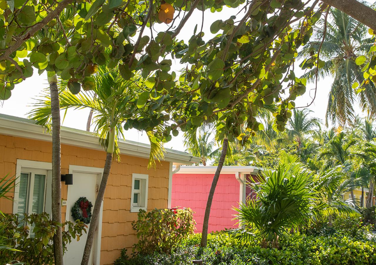 Christmas wreaths are on a door at the cottages at La Siesta in the Florida Keys.
