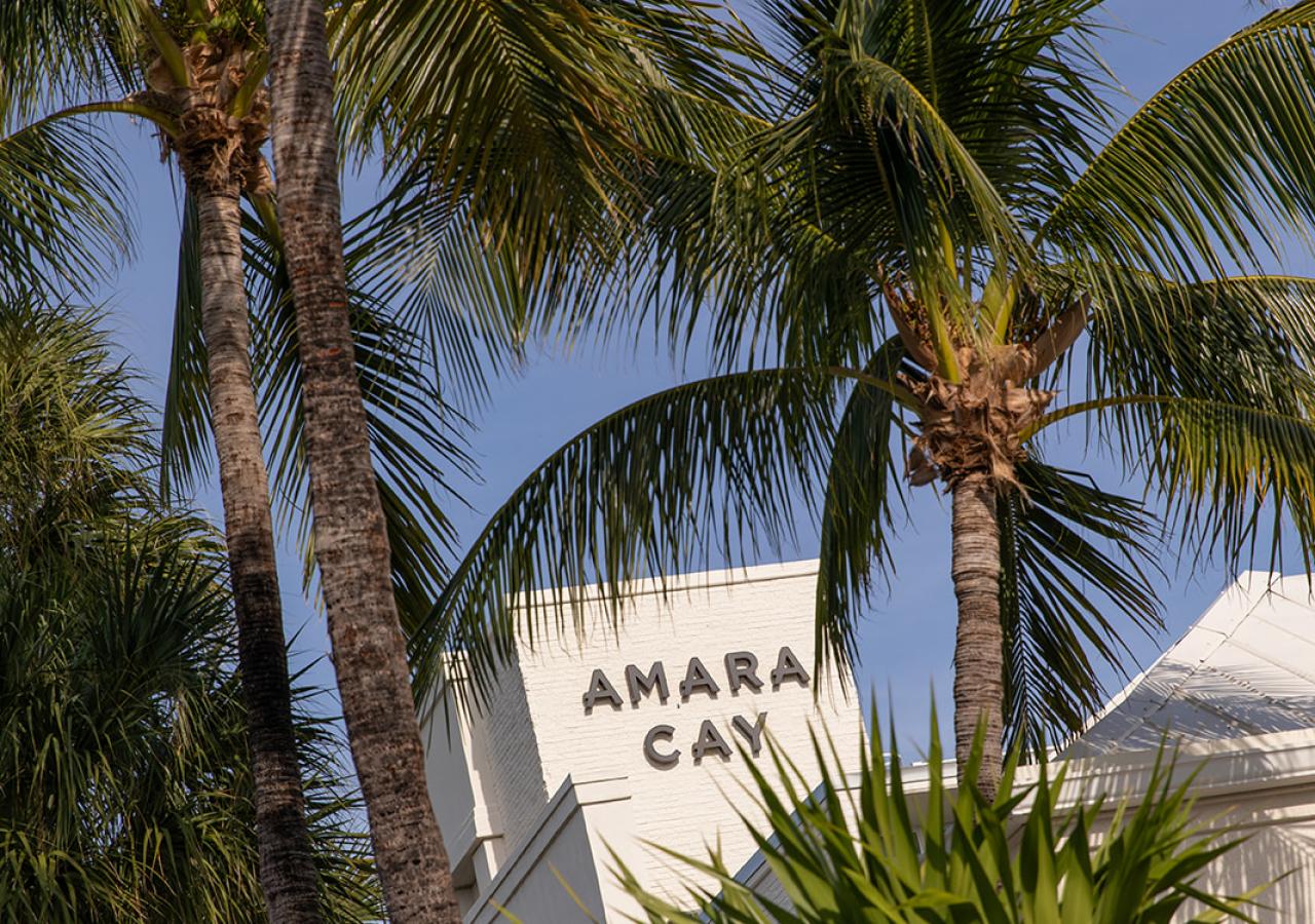 Palm trees surround the sign at Amara Cay in Islamorada, FL.