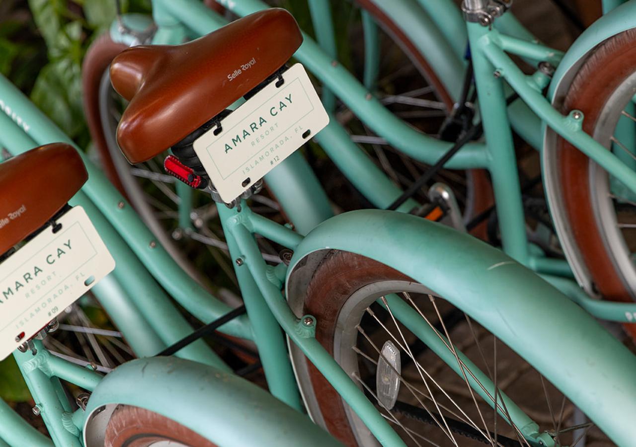 Turquoise bikes available for rent at Amara Cay Resort in Islamorada, FL.