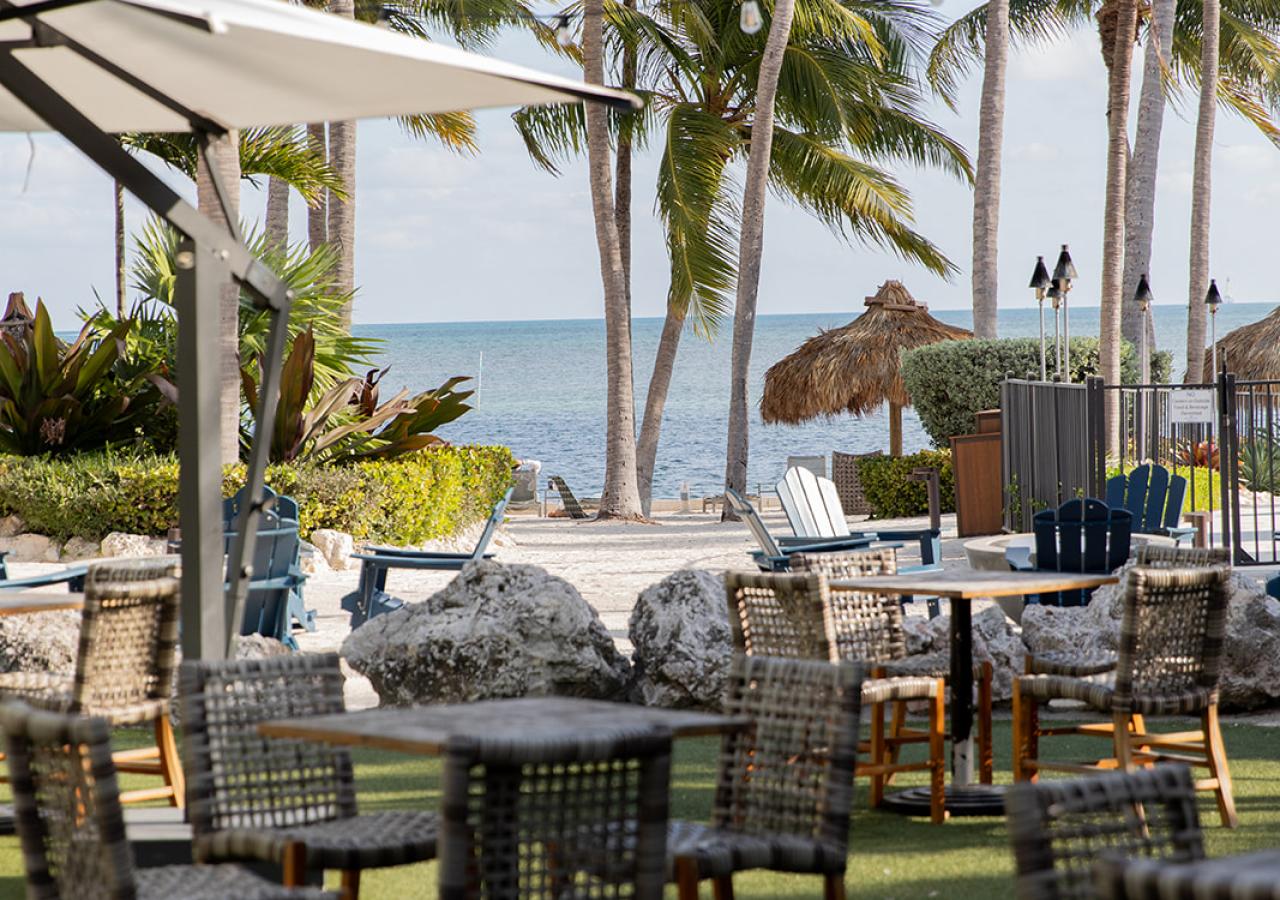 Outdoor seating at ReelCatch at Amara Cay Resort in the Florida Keys.