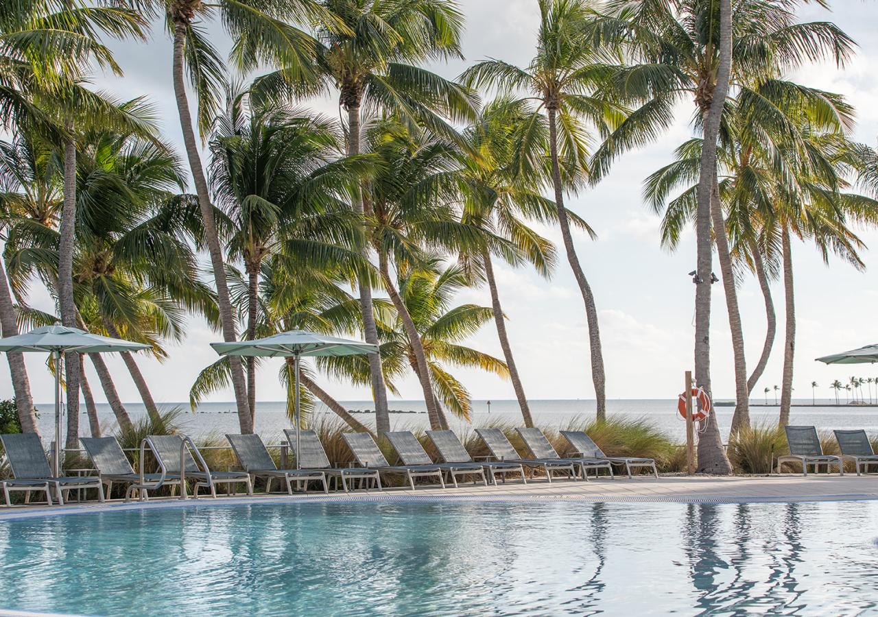 The pool at Amara Cay with a view of the ocean in the Florida Keys.