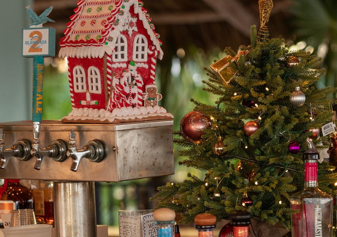 The Tiki Bar at Amara Cay set-up for Christmas in the Florida Keys.