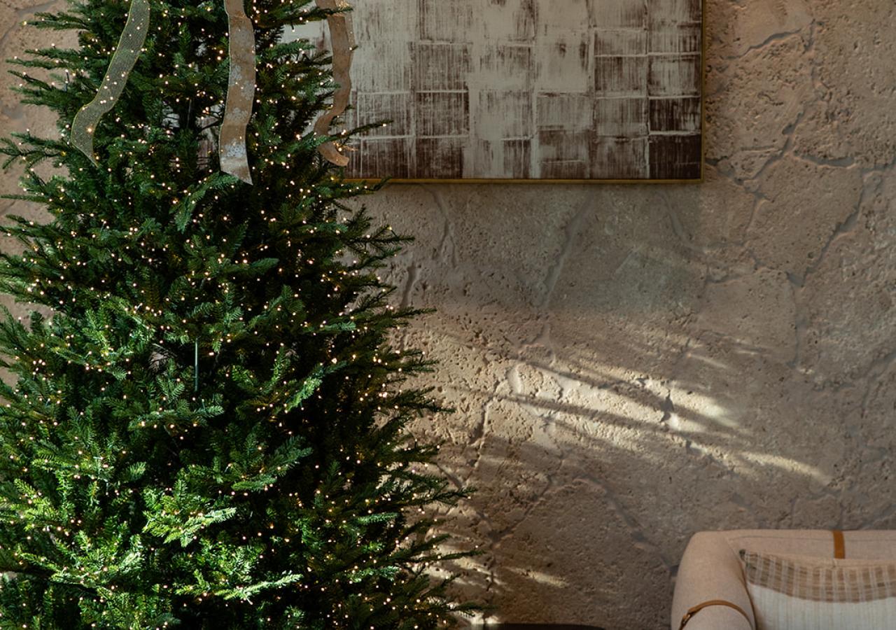 A Christmas tree in the lobby at Three Waters Resort & Marina.