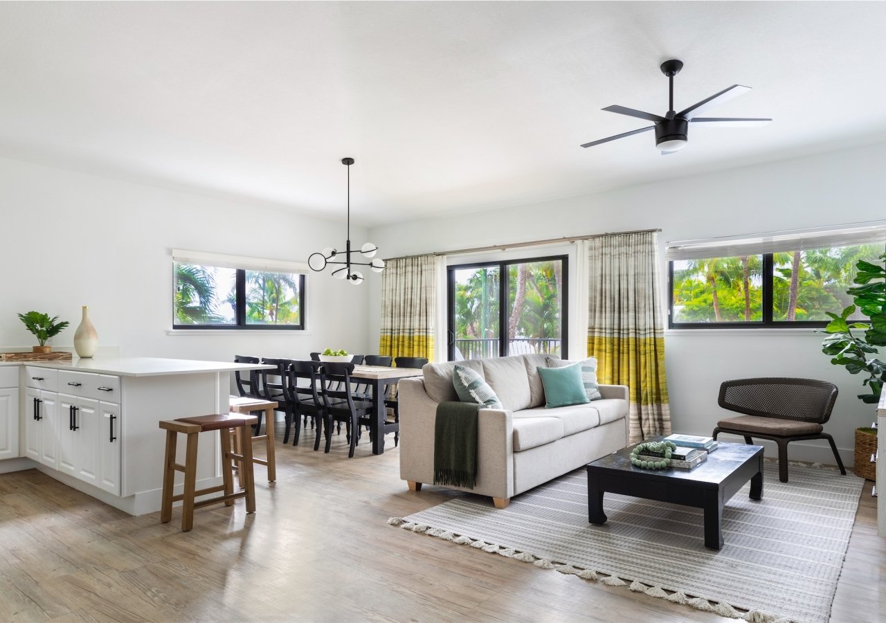 Living room and kitchen area with dining room table