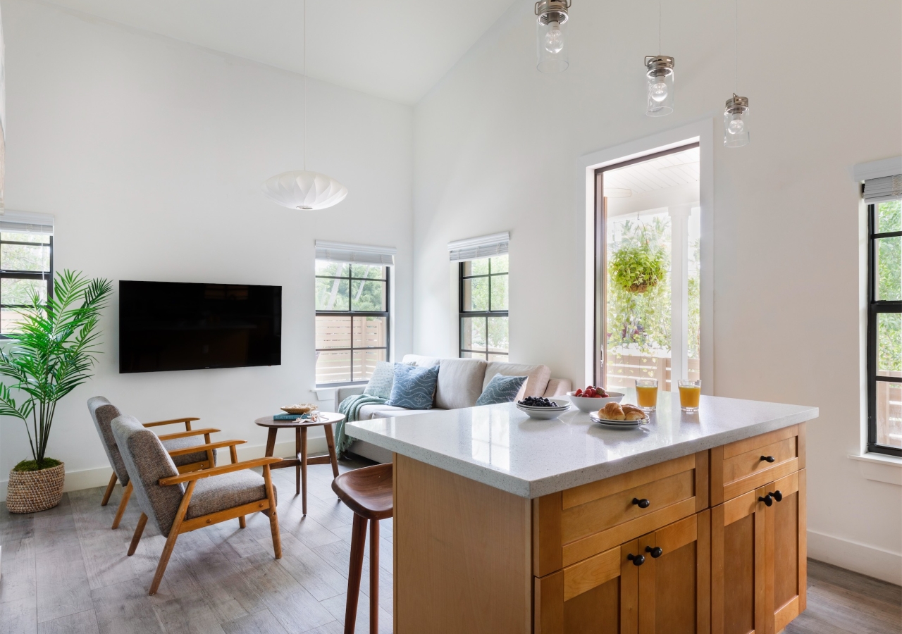 living room area and kitchen island