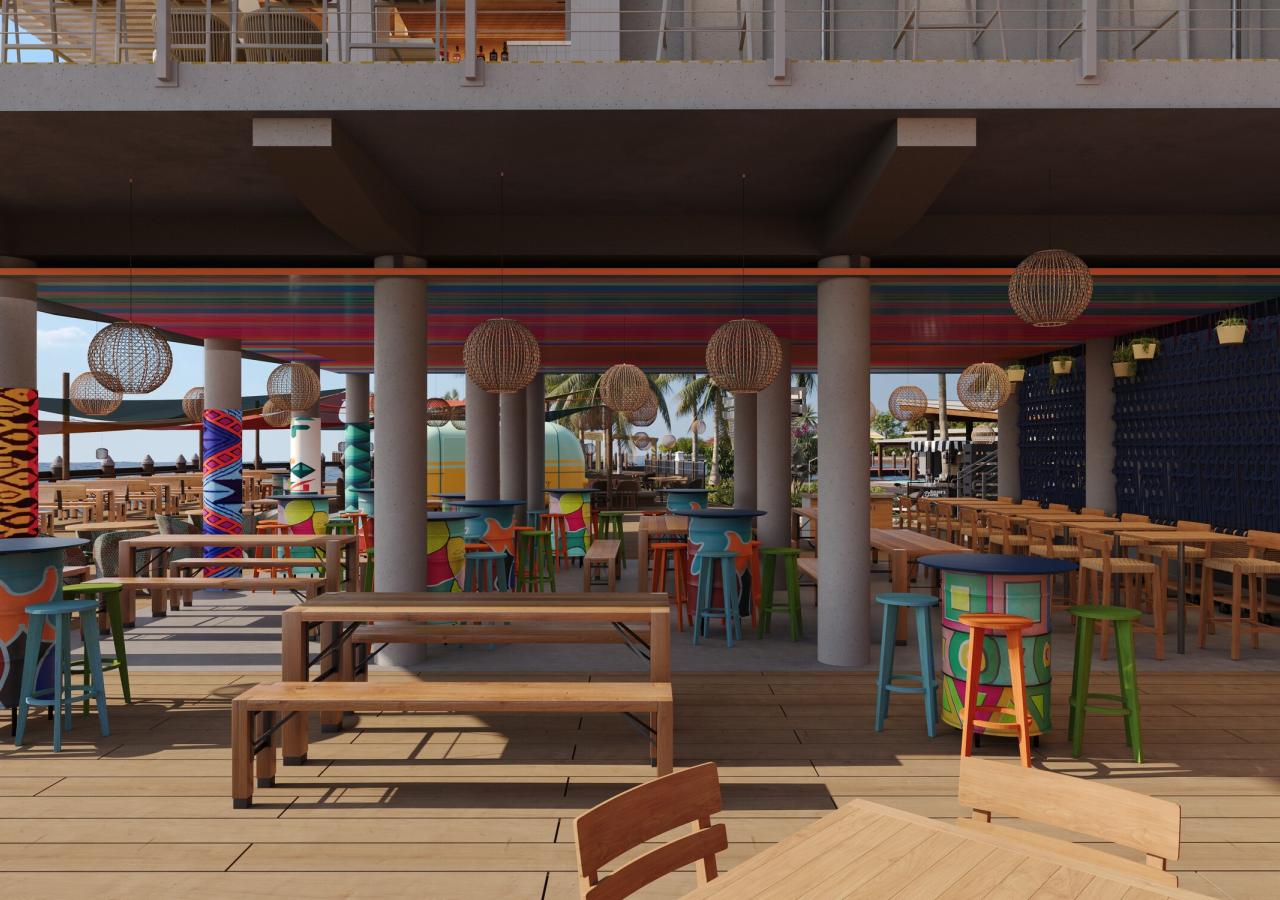 A rendering of the new Mercado Morada tables at Three Waters Resort & Marina