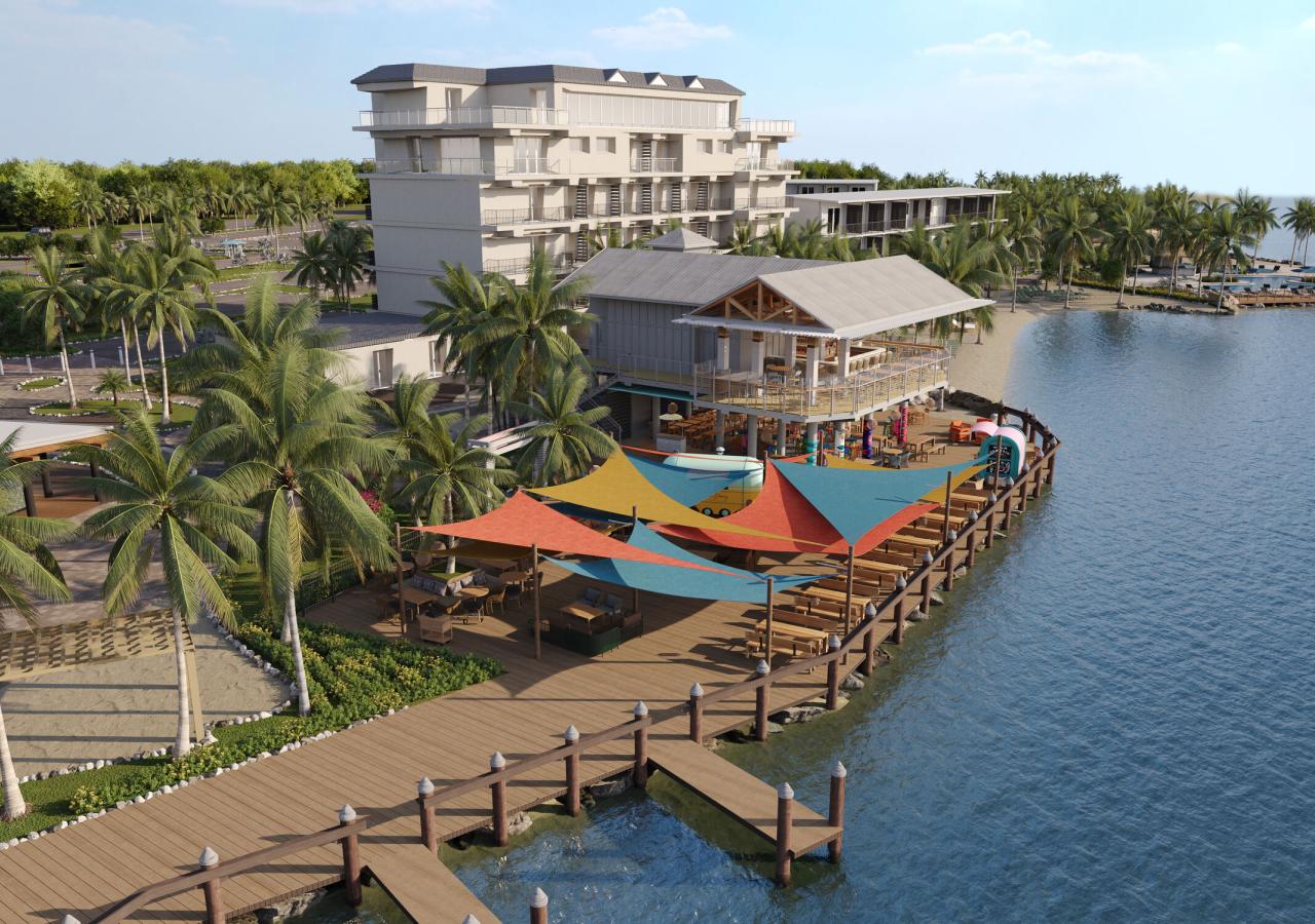 A rendering of an aerial view of Mercado Morada at Three Waters Resort & Marina