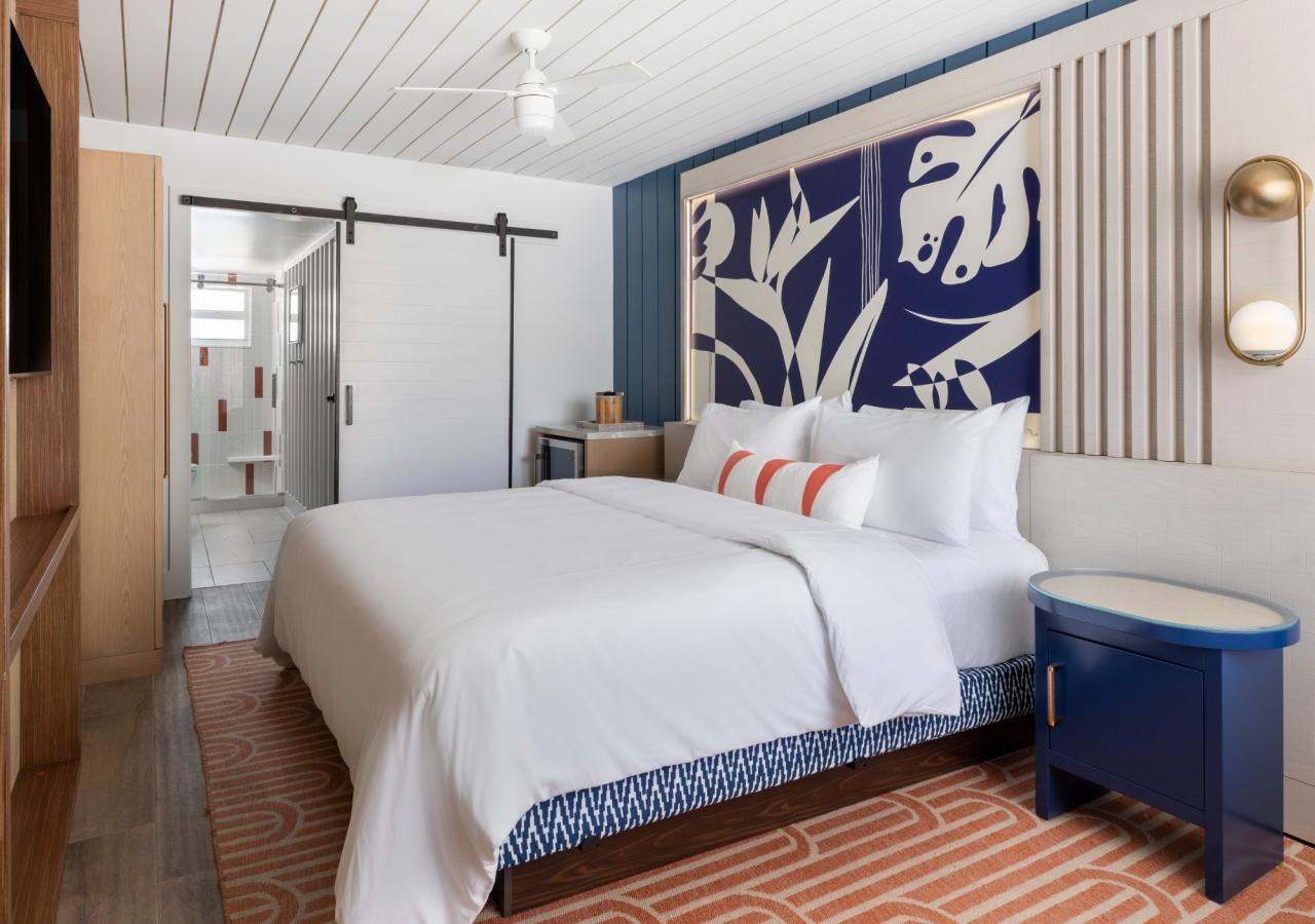 A King bed in The Village 2 BDR Sandbar Suite, 2 Kings at Three Waters Resort & Marina in Islamorada, Florida