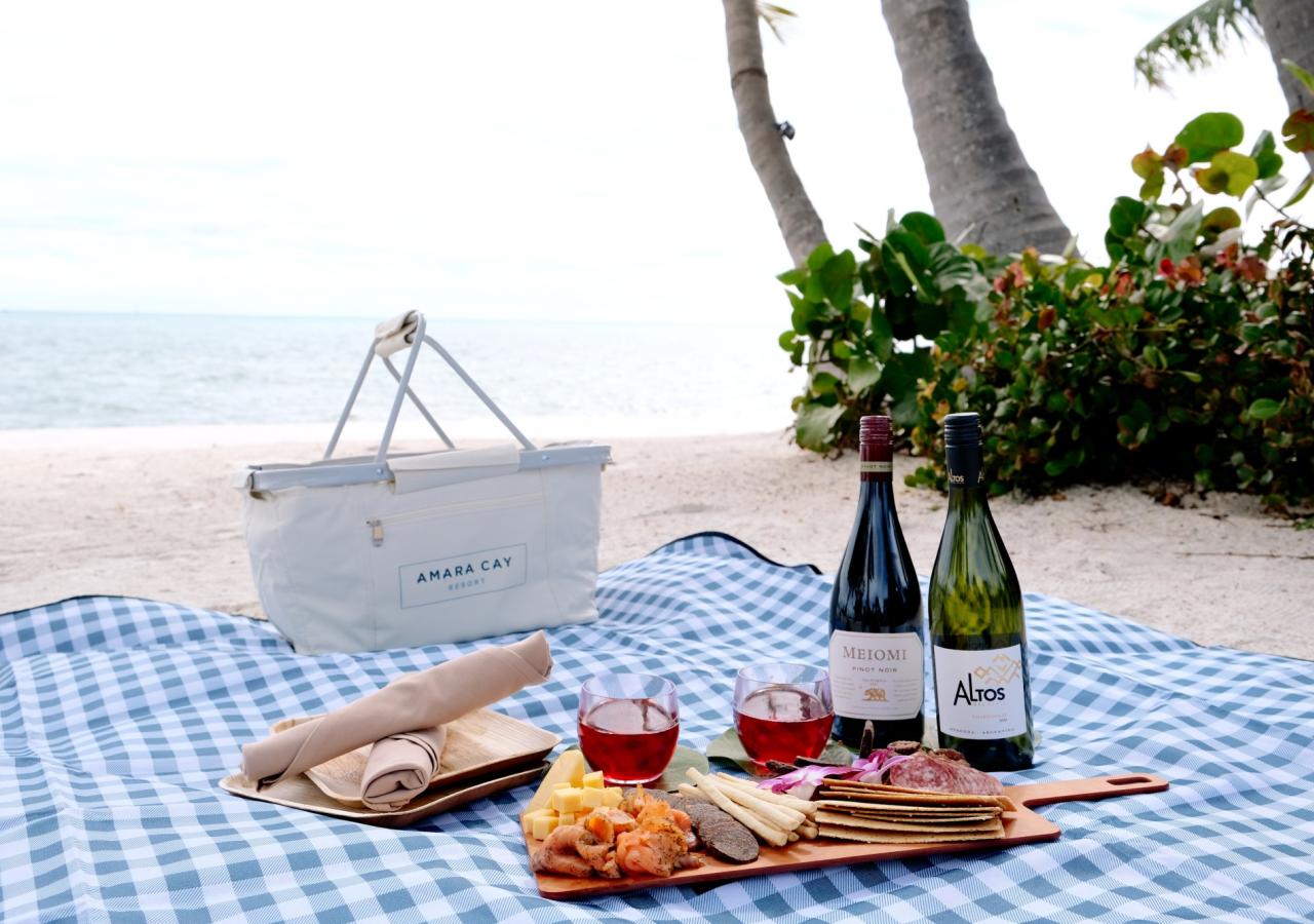 A picnic blanket on a beach with an Amara Cay branded basket, wine bottles and snacks. 
