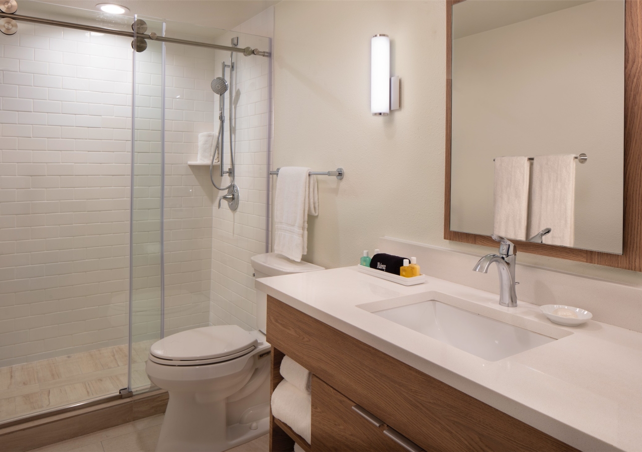 bathroom with walk-in shower and long vanity