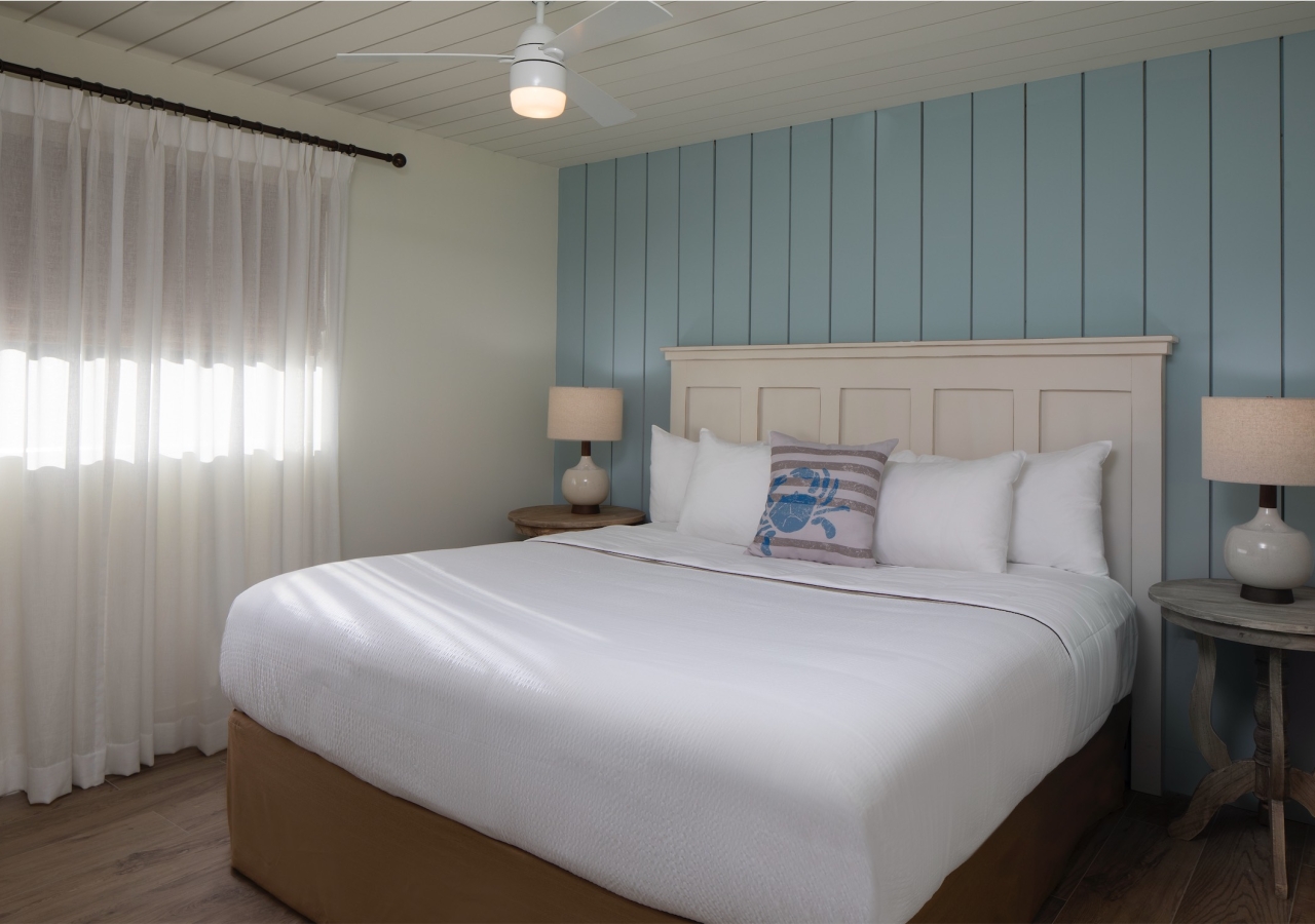 bedroom with light blue wood panelled accent wall