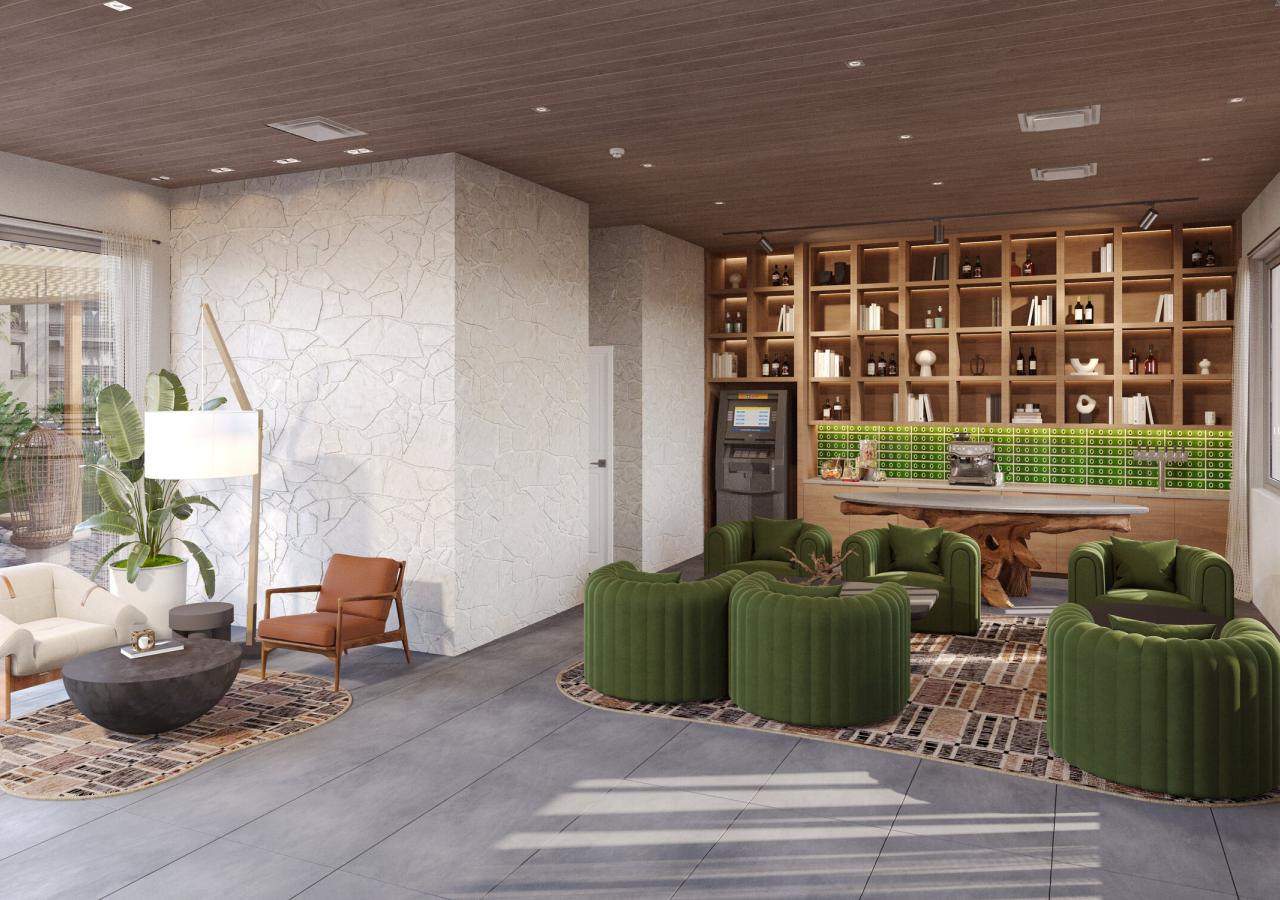 A rendering of the new Three Waters Resort & Marina lobby