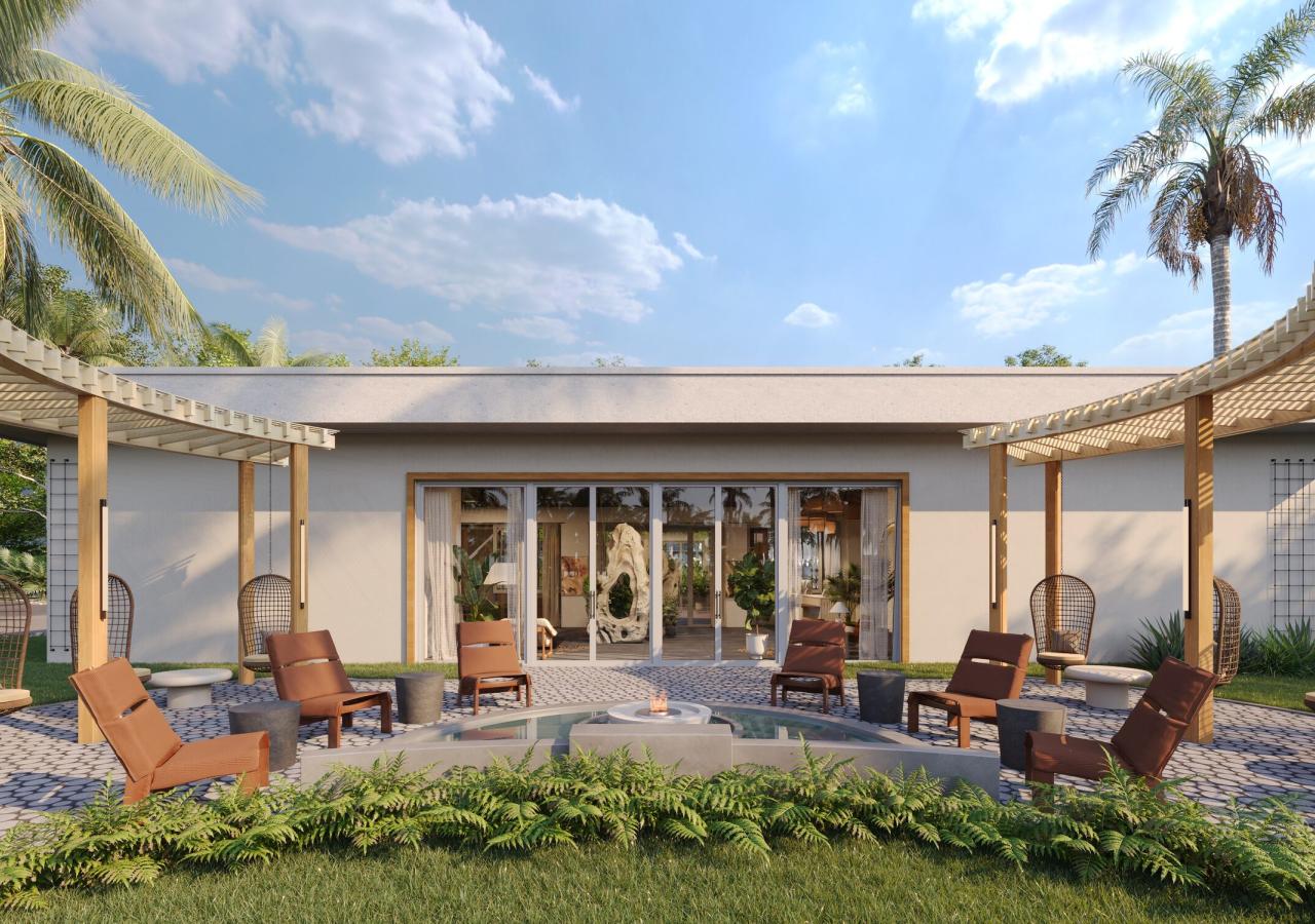 A rendering of the exterior entrance to the  lobby at Three Waters Resort & Marina