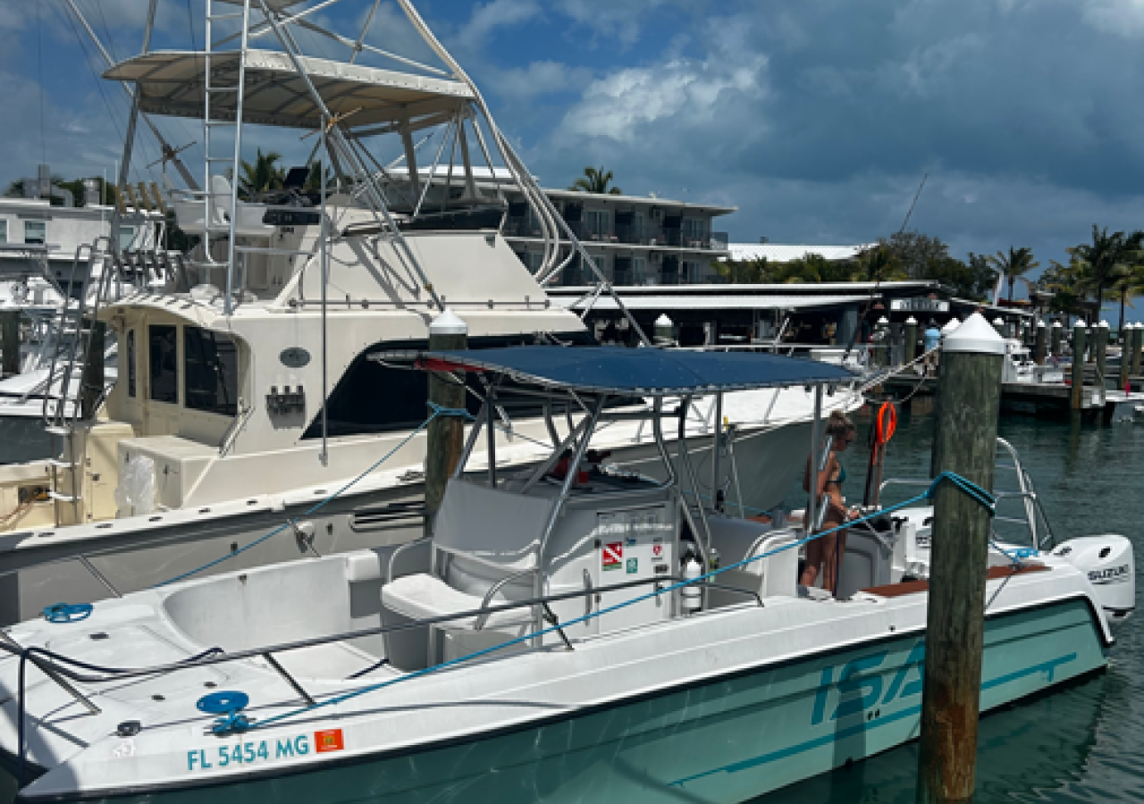 Islamorada Spearfishing Adventures boat in Islamorada, Florida at Three Waters Resort & Marina.