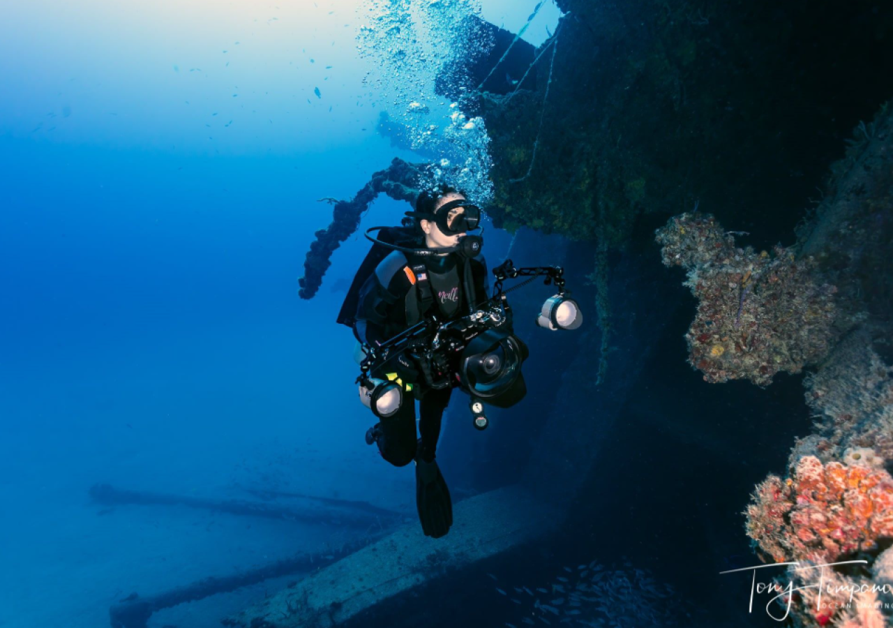 A scuba diver in Islamorada diving with the Islamorada Dive Center located at Three Waters Resort & Marina.