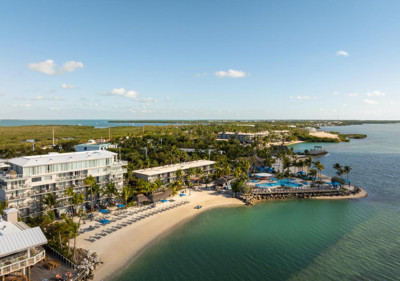 An overview of Mermaid Beach at Three Waters Resort in Islamorada.