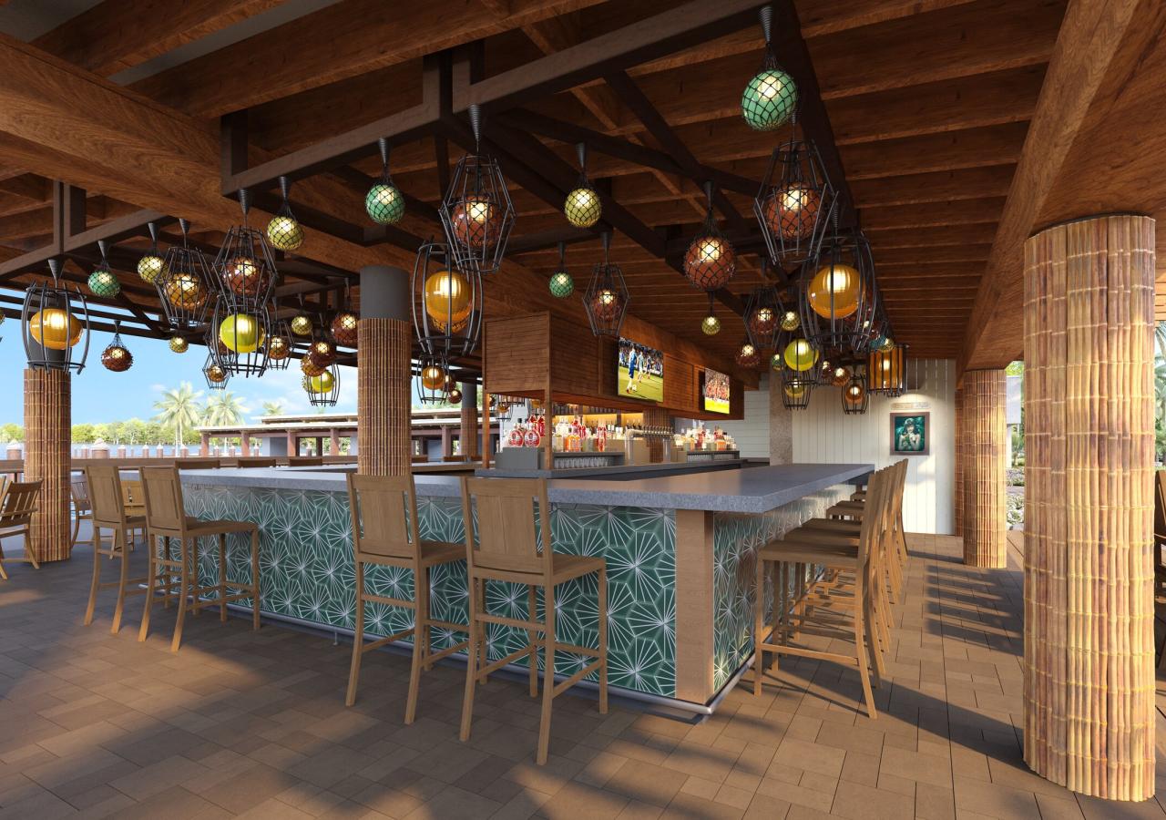 A rendering of the bar at the new Tiki Bar at Three Waters Resort & Marina