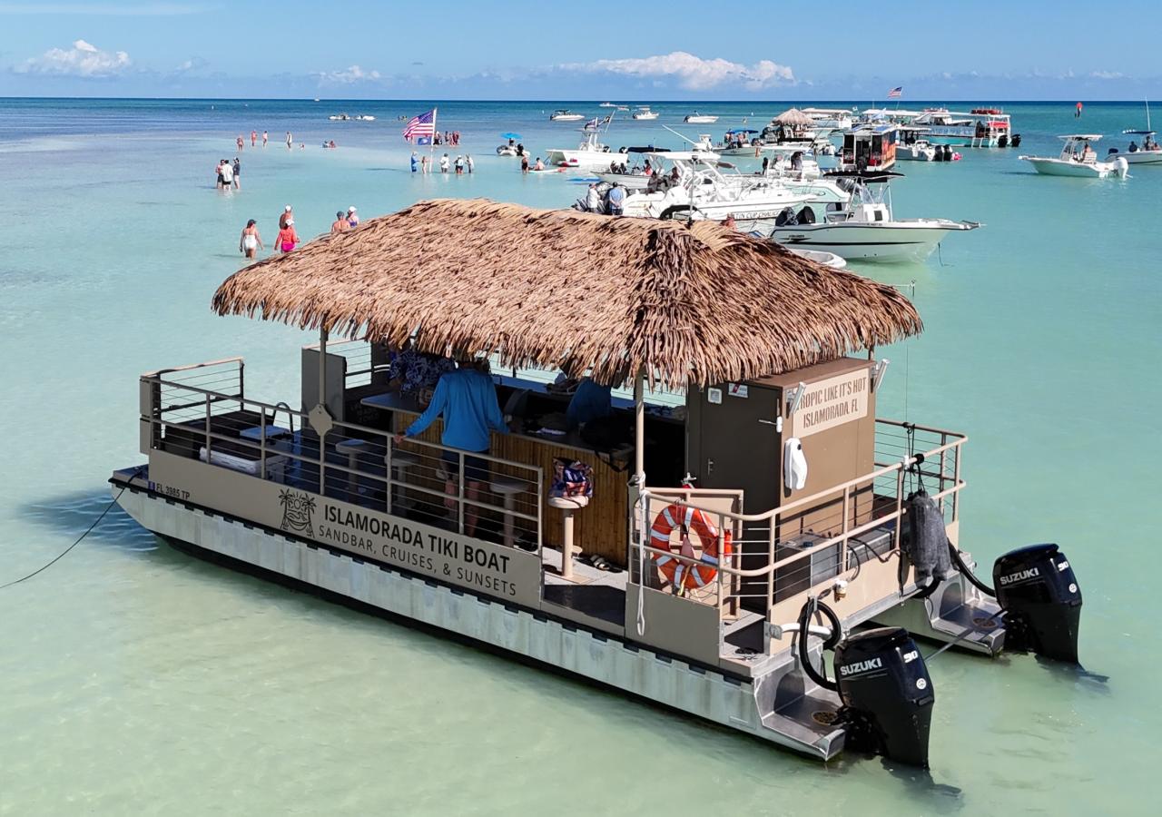 Tropic Like It's Hot, a recreational boat operated by Spray Watersports at the Islamorada Sand Bar in the Florida Keys.