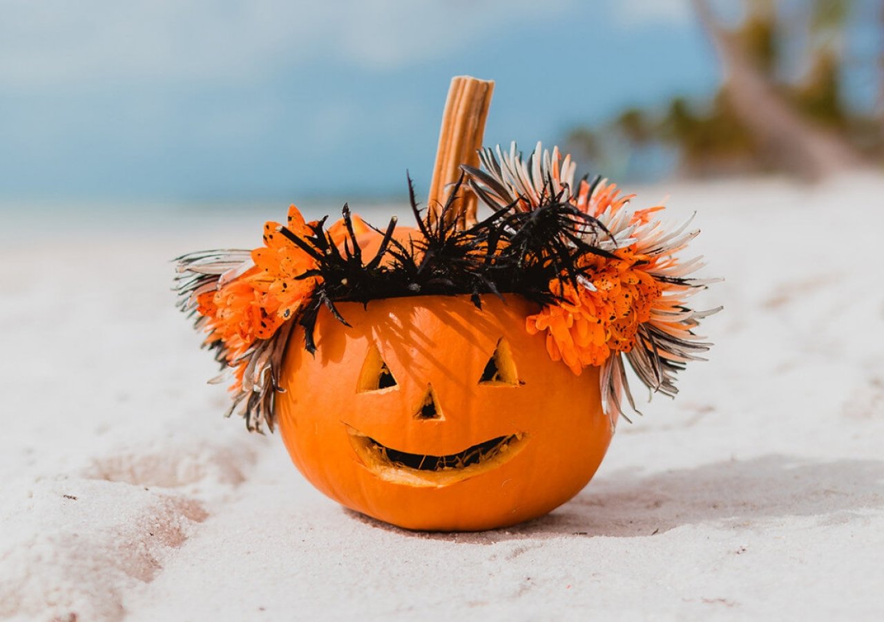 jack o'lantern on a beach with flowers