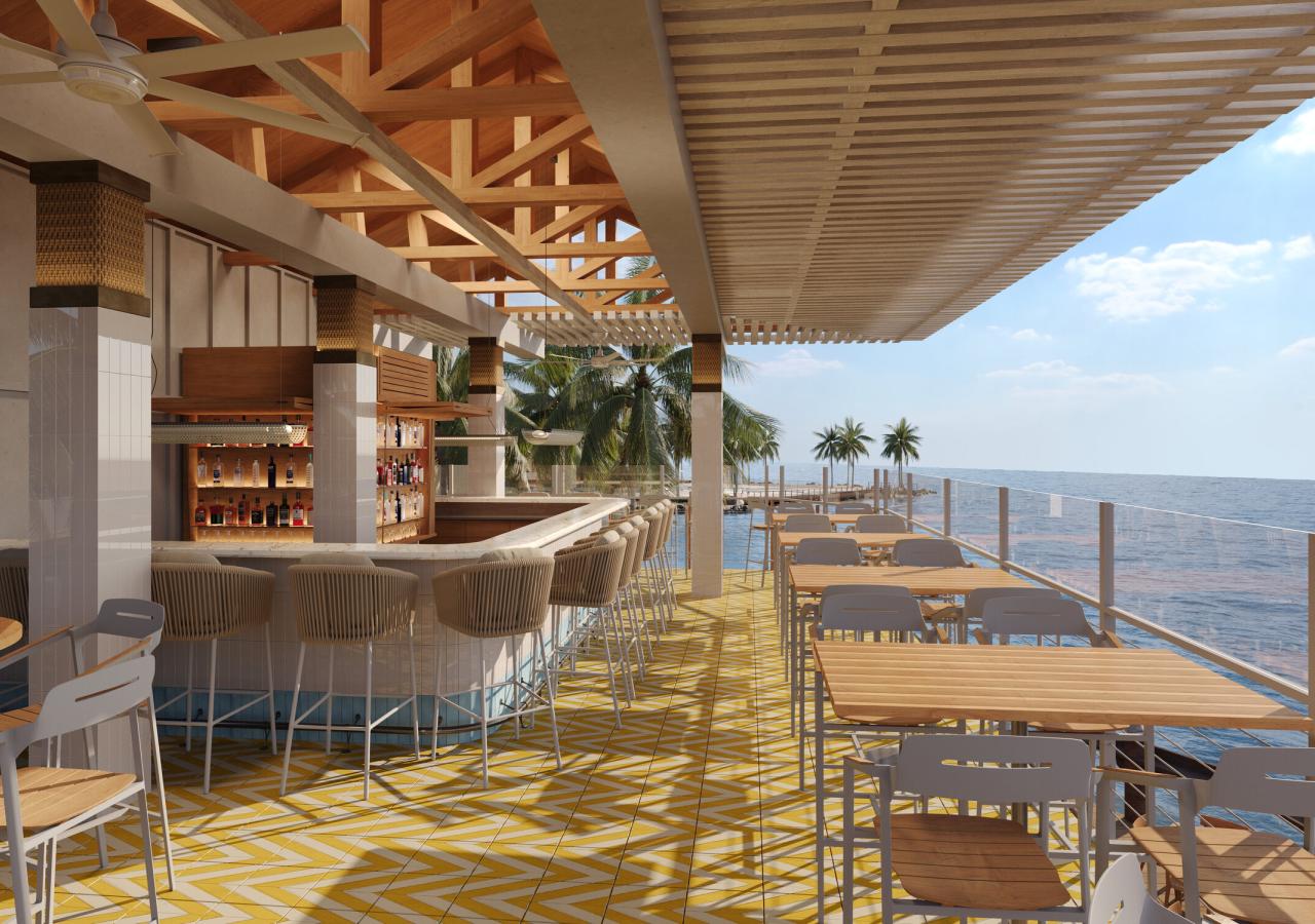 A rendering of the new Little Lemon patio overlooking the ocean at Three Waters Resort & Marina