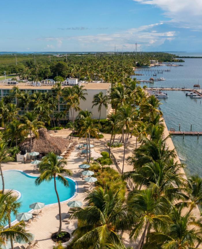 Aerial image of Amara Cay Resort showing the resort and the water