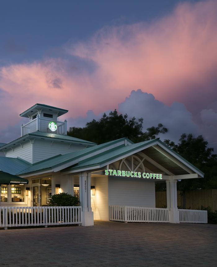 exterior of the Starbucks at sunset