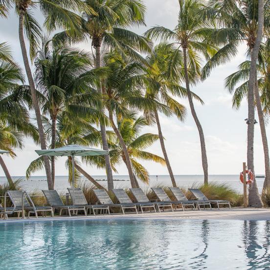 The pool at Amara Cay with a view of the ocean in the Florida Keys.