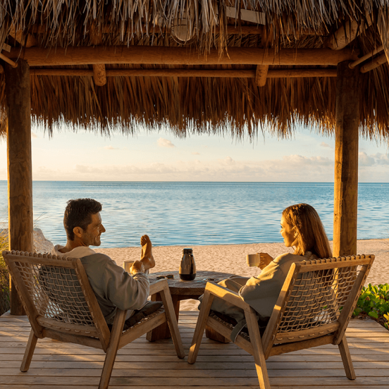 couple sitting under a hut on the ocean 