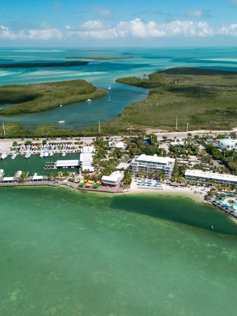 An aerial view of Three Waters Resort & Marina in Islamorada, Florida.