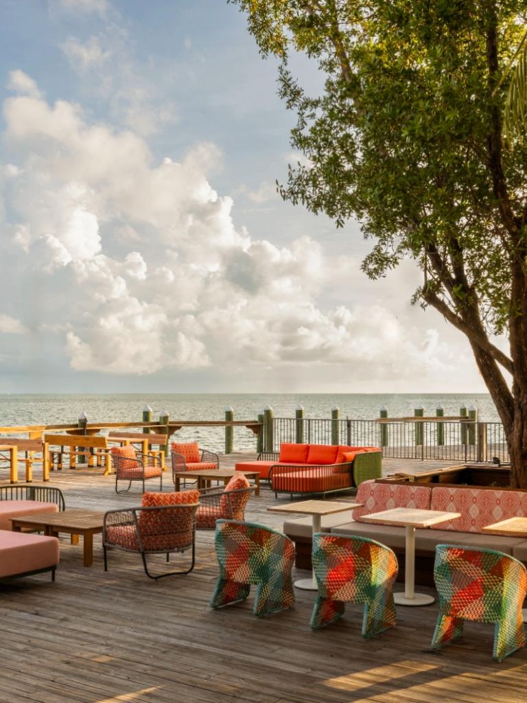 Seating at Mercado Morada with an ocean view.