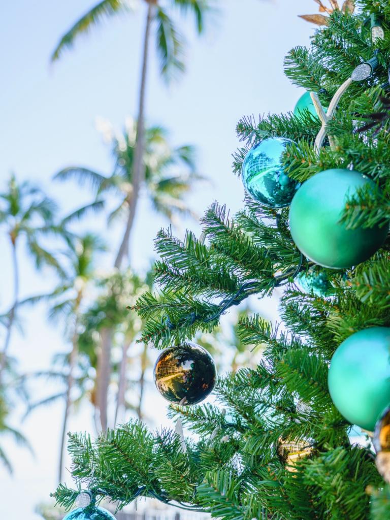 A part of a Christmas tree that's outside with palm trees in the background.