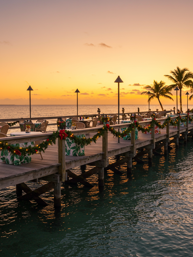 A dock at Three Waters with Christmas lights at sunset.