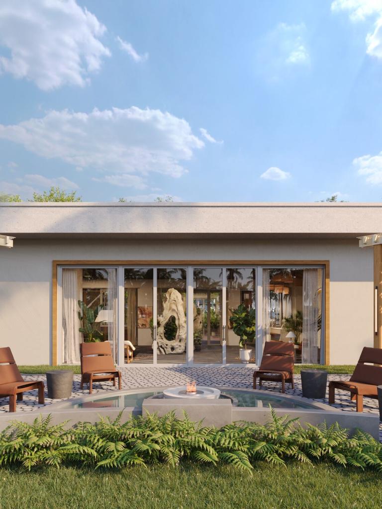 A rendering of the exterior entrance to the  lobby at Three Waters Resort & Marina