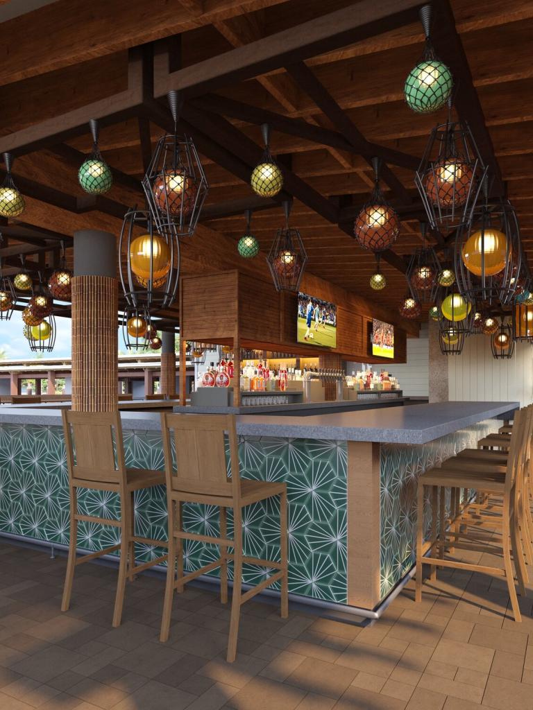 A rendering of the bar at the new Tiki Bar at Three Waters Resort & Marina