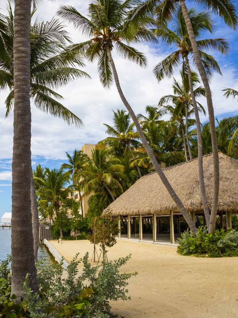 a large tiki hut on the beach with palm frees