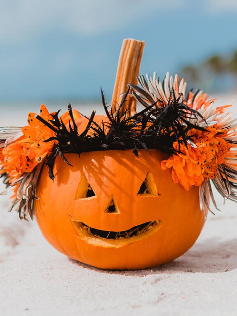 jack o'lantern on a beach with flowers