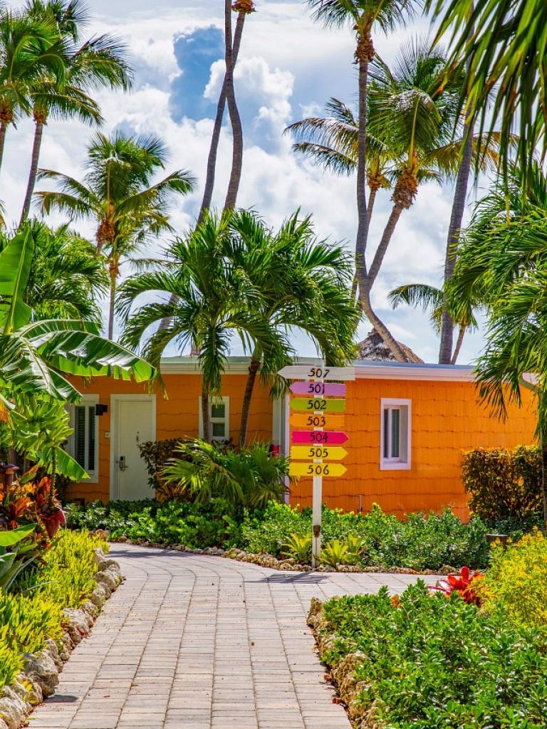 pathway leading to coloured cottages. Surrounded by tropical plants