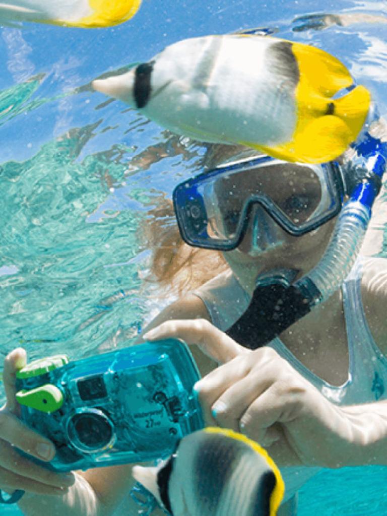 Woman snorkeling and taking photos of fish