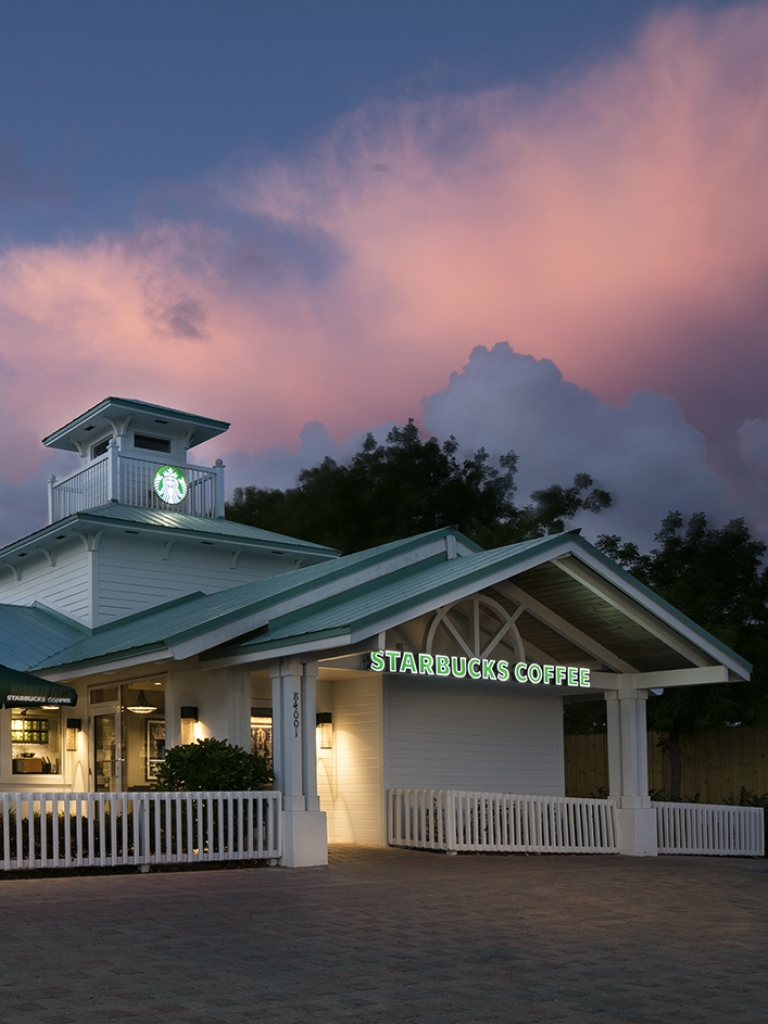 exterior of the Starbucks at sunset