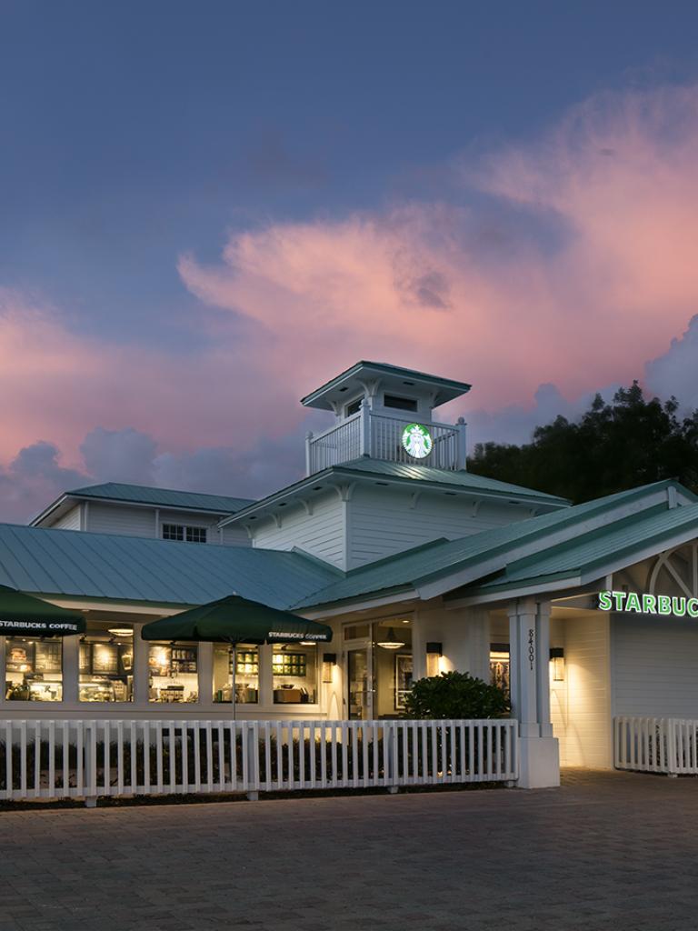 exterior of the Starbucks at sunset