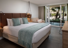Room with large windows and palm trees outside